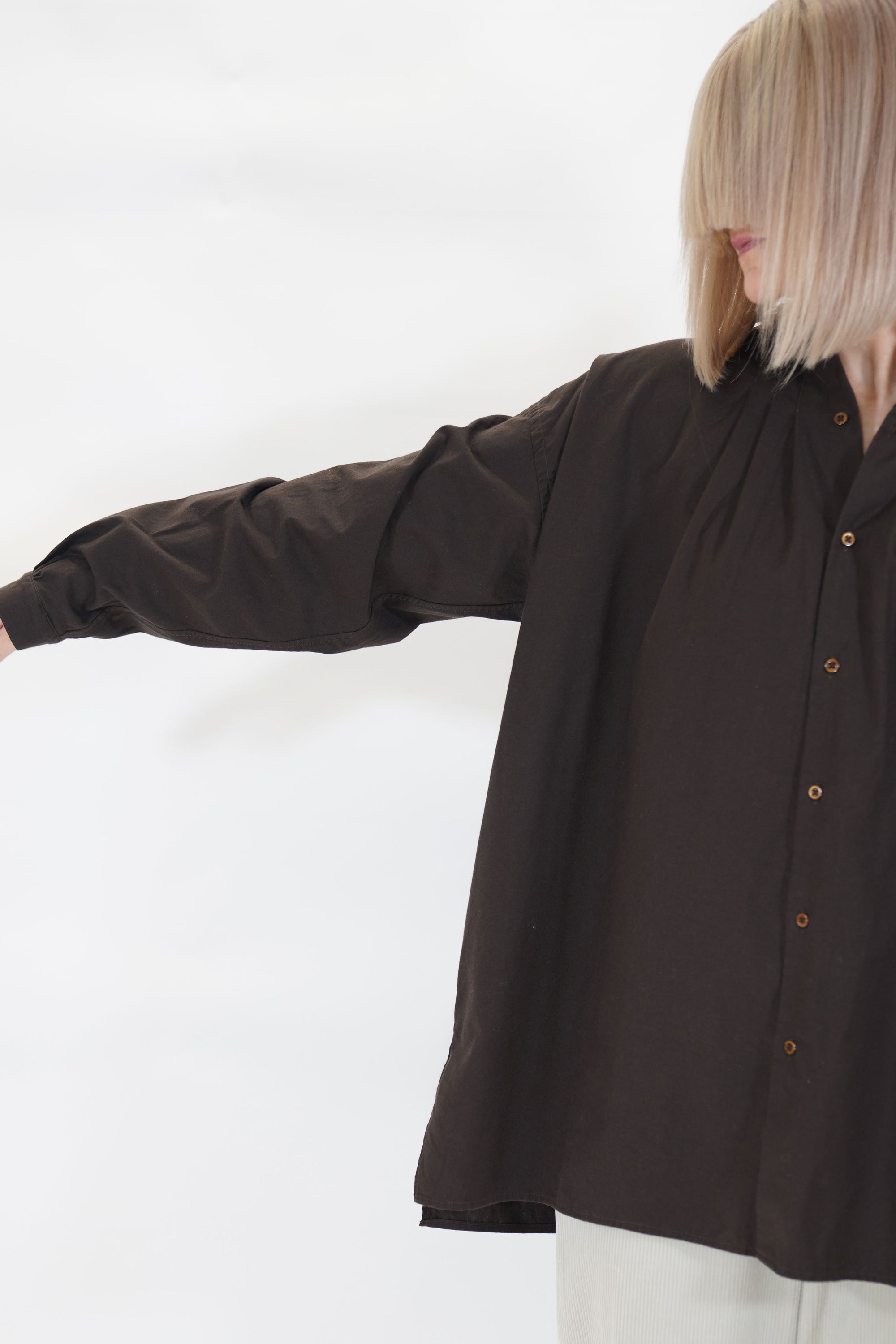 cotton cashmere wide gather blouse brown