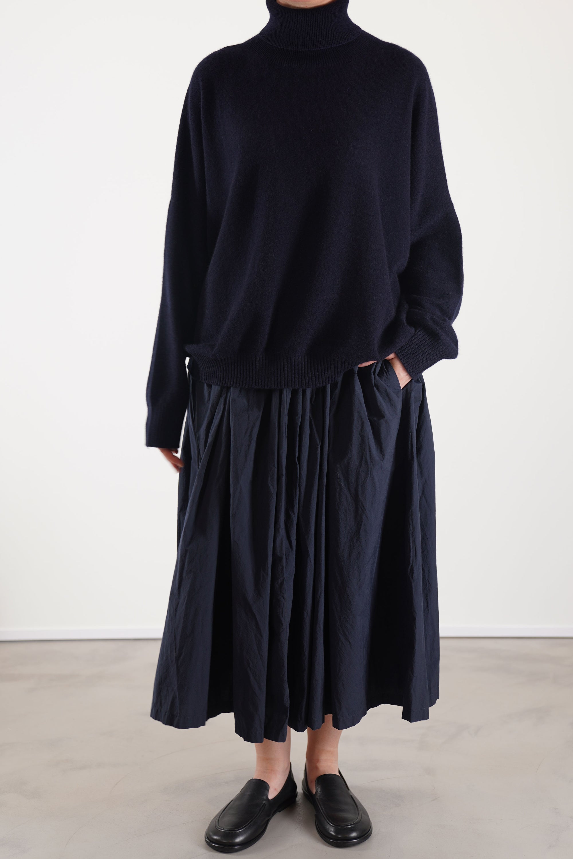 manuelle guibal zam cashmere turtleneck in nocturne with oversized fit, dropped shoulders, and ribbed trim