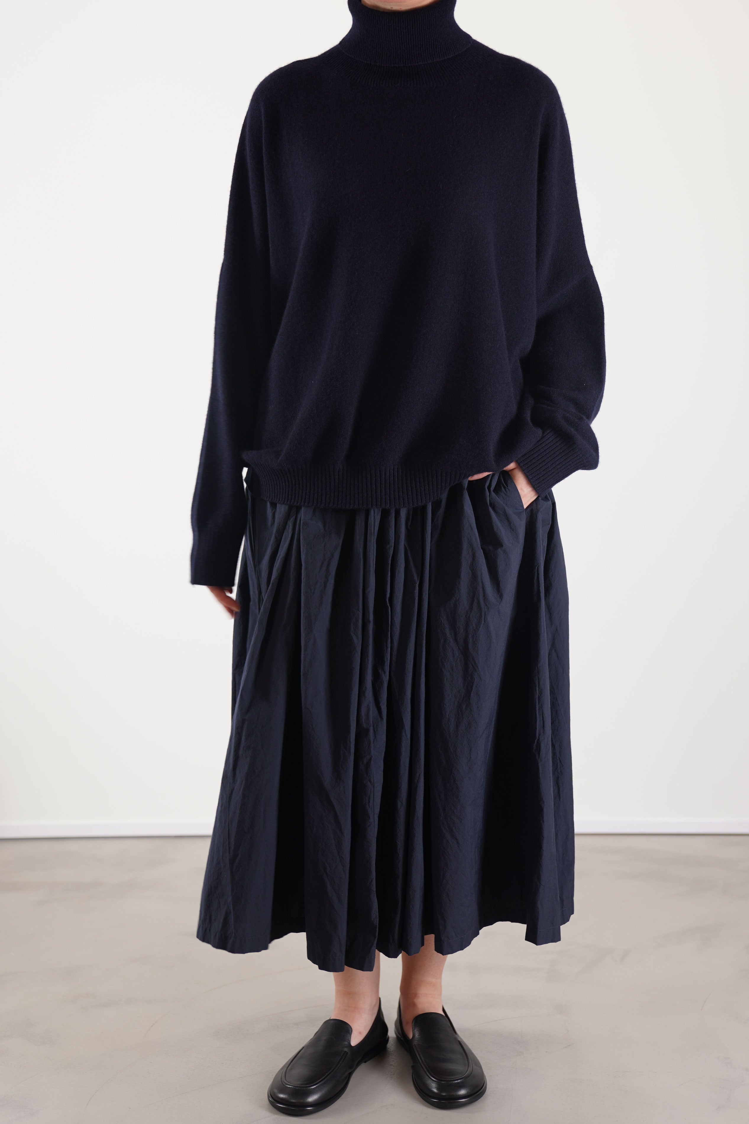 manuelle guibal zam cashmere turtleneck in nocturne with oversized fit, dropped shoulders, and ribbed trim