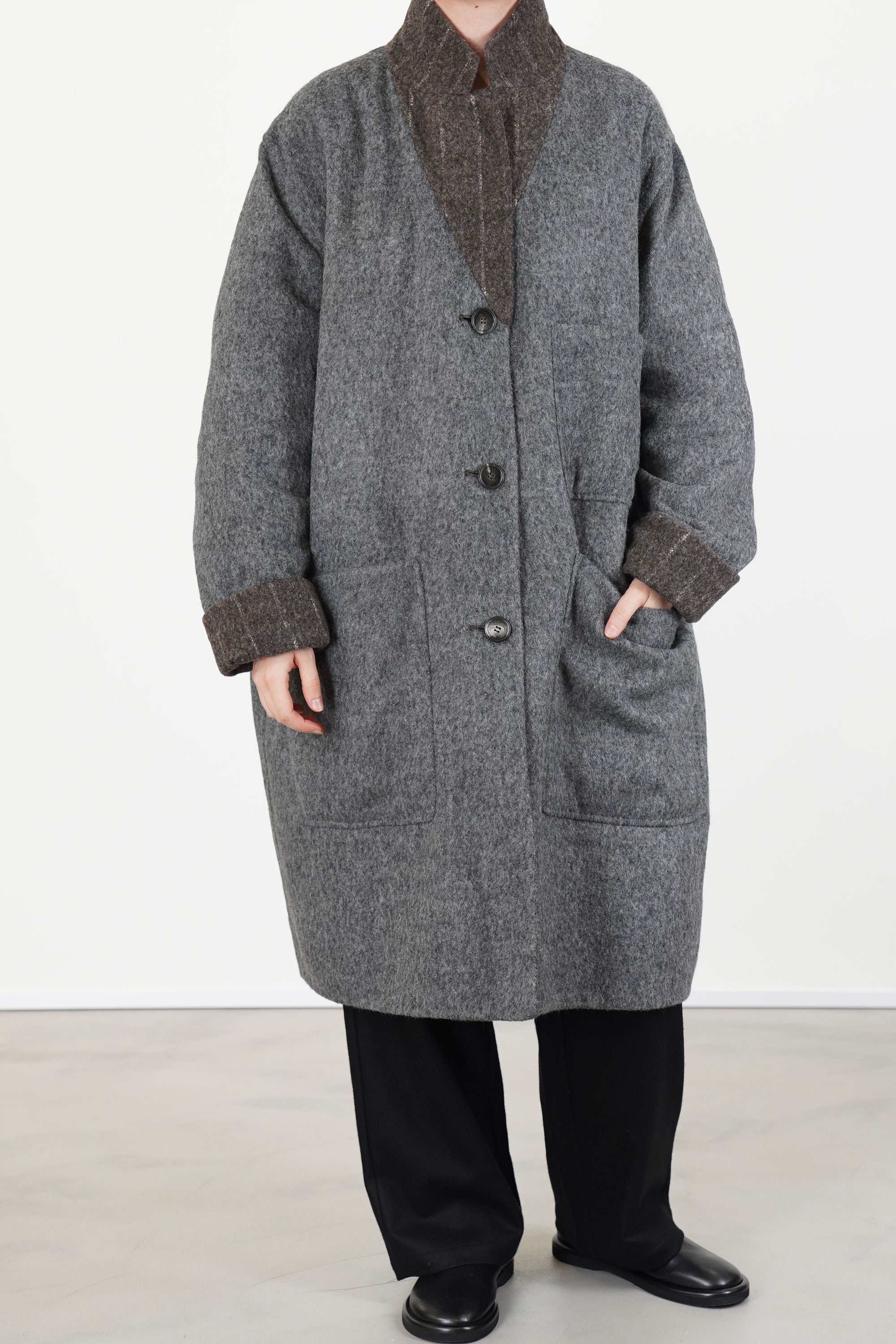 reversible coat superdam pinstripe taupe grey