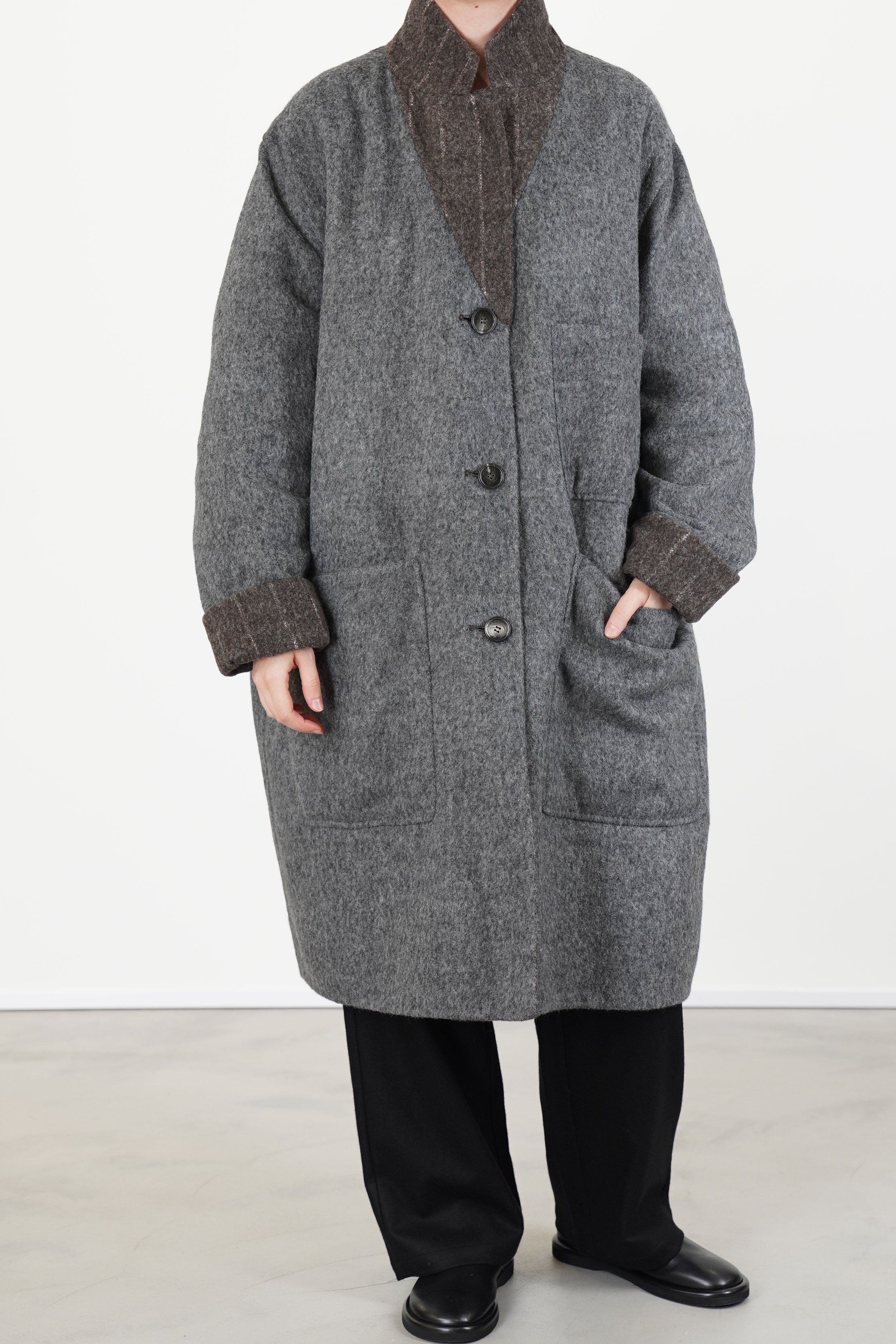 reversible coat superdam pinstripe taupe grey