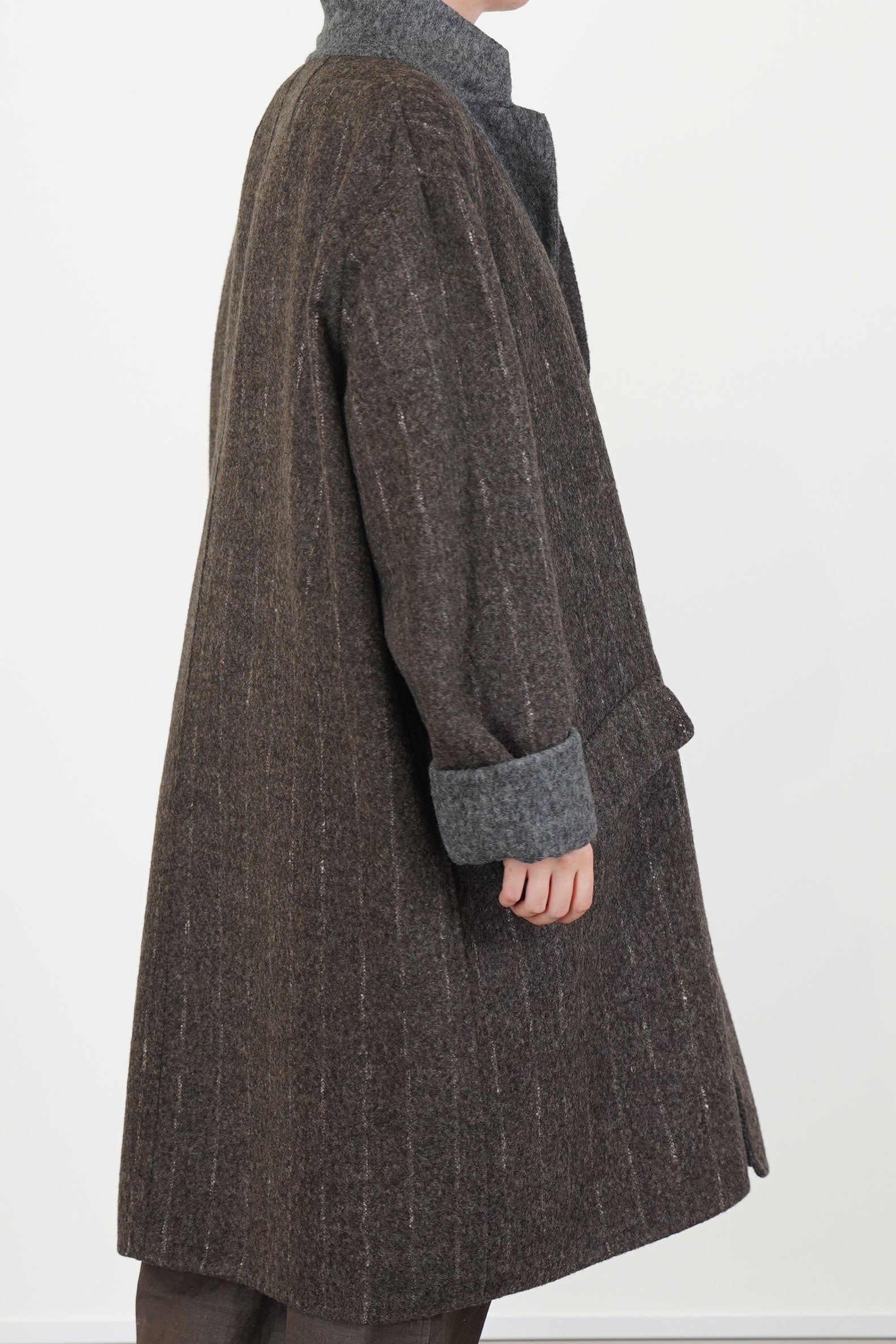 reversible coat superdam pinstripe taupe grey