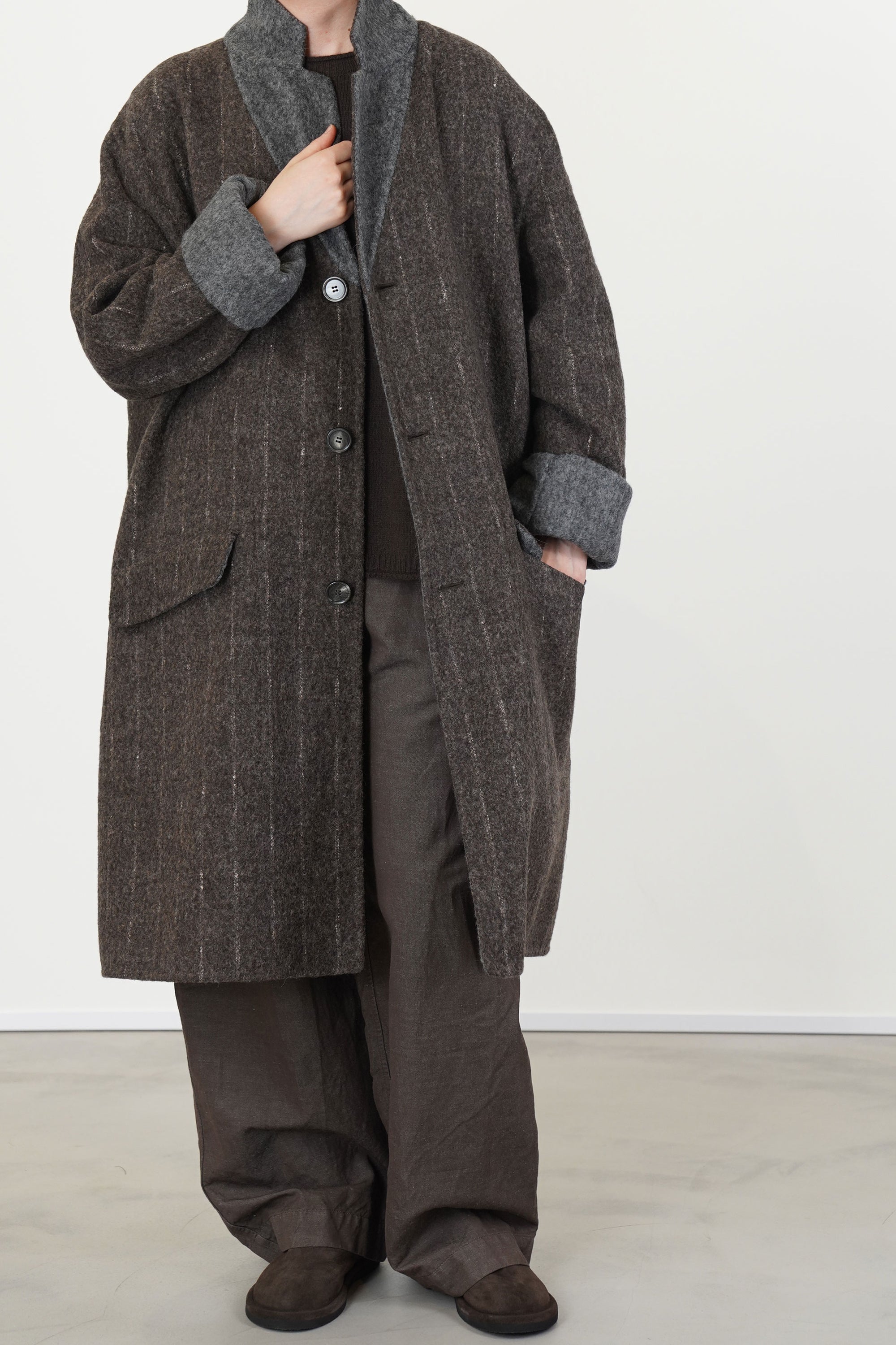 reversible coat superdam pinstripe taupe grey