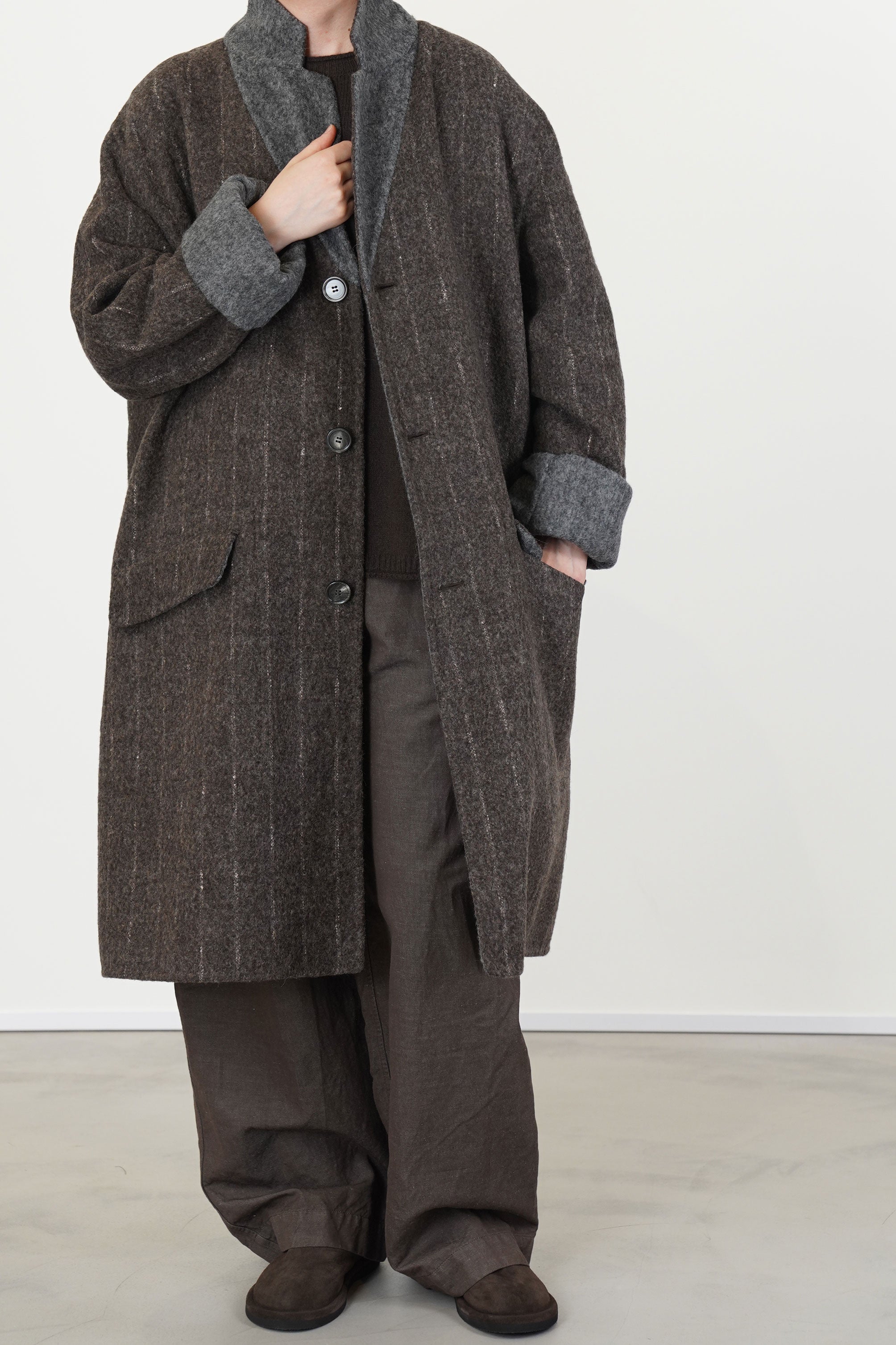 reversible coat superdam pinstripe taupe grey