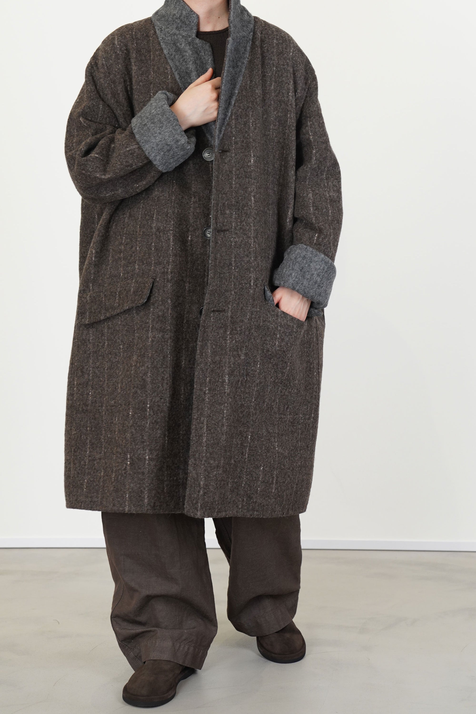 reversible coat superdam pinstripe taupe grey