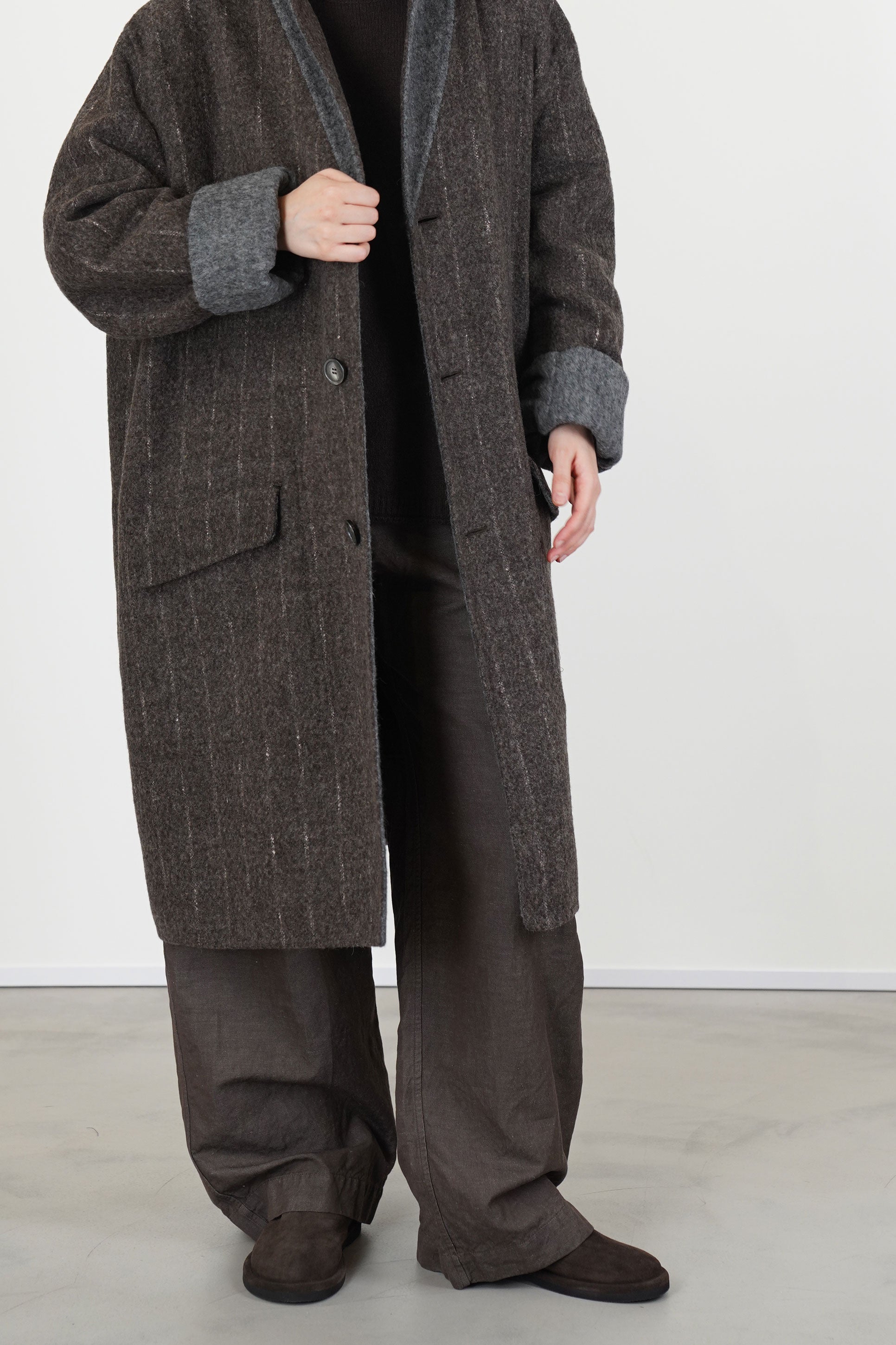 reversible coat superdam pinstripe taupe grey