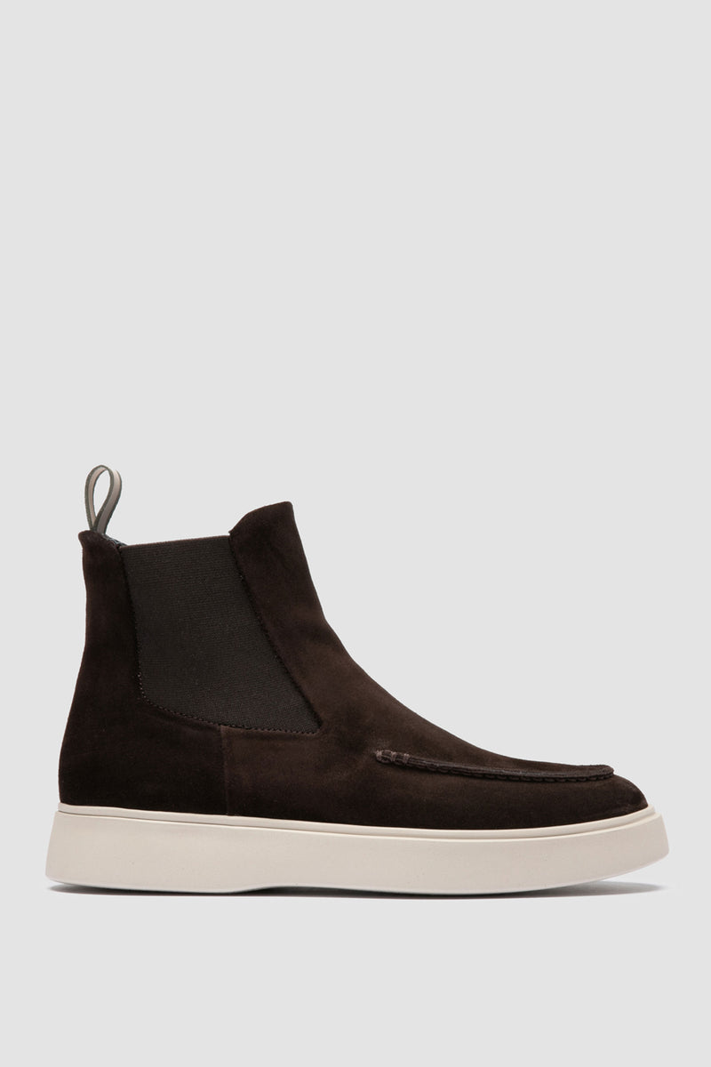 Italian-made Frame 107 boots by Officine Creative in soft brown suede, featuring minimalist stitching details