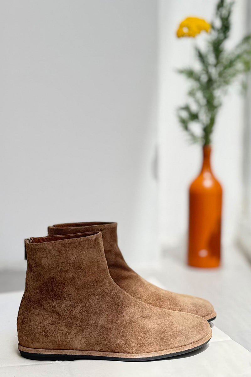 Officine Creative suede leather boots handcrafted in Italy with a back zip, rounded toe, and thin rubber sole for comfort and durability