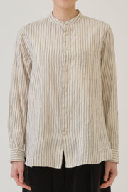 pas de calais dobby stripe shirring brushed blouse ivory featuring a band collar, chest pocket detail