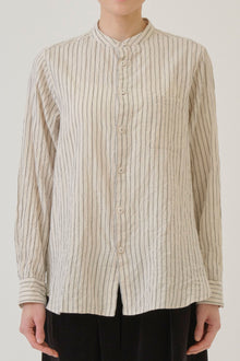 pas de calais dobby stripe shirring brushed blouse ivory featuring a band collar, chest pocket detail