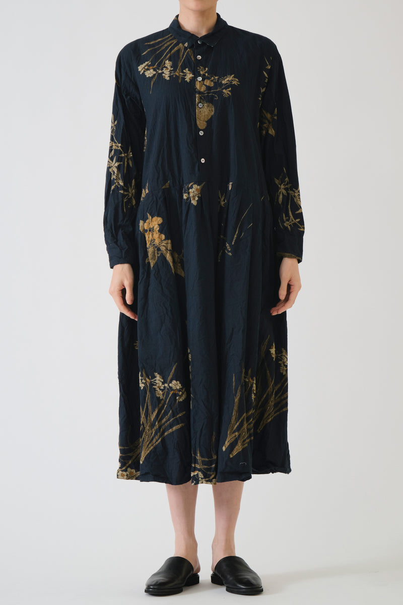 japonism flower print dress navy