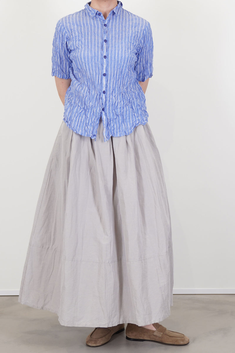 model wearing pas de calais shirring stripe blouse saxe blue, everyday effortless style