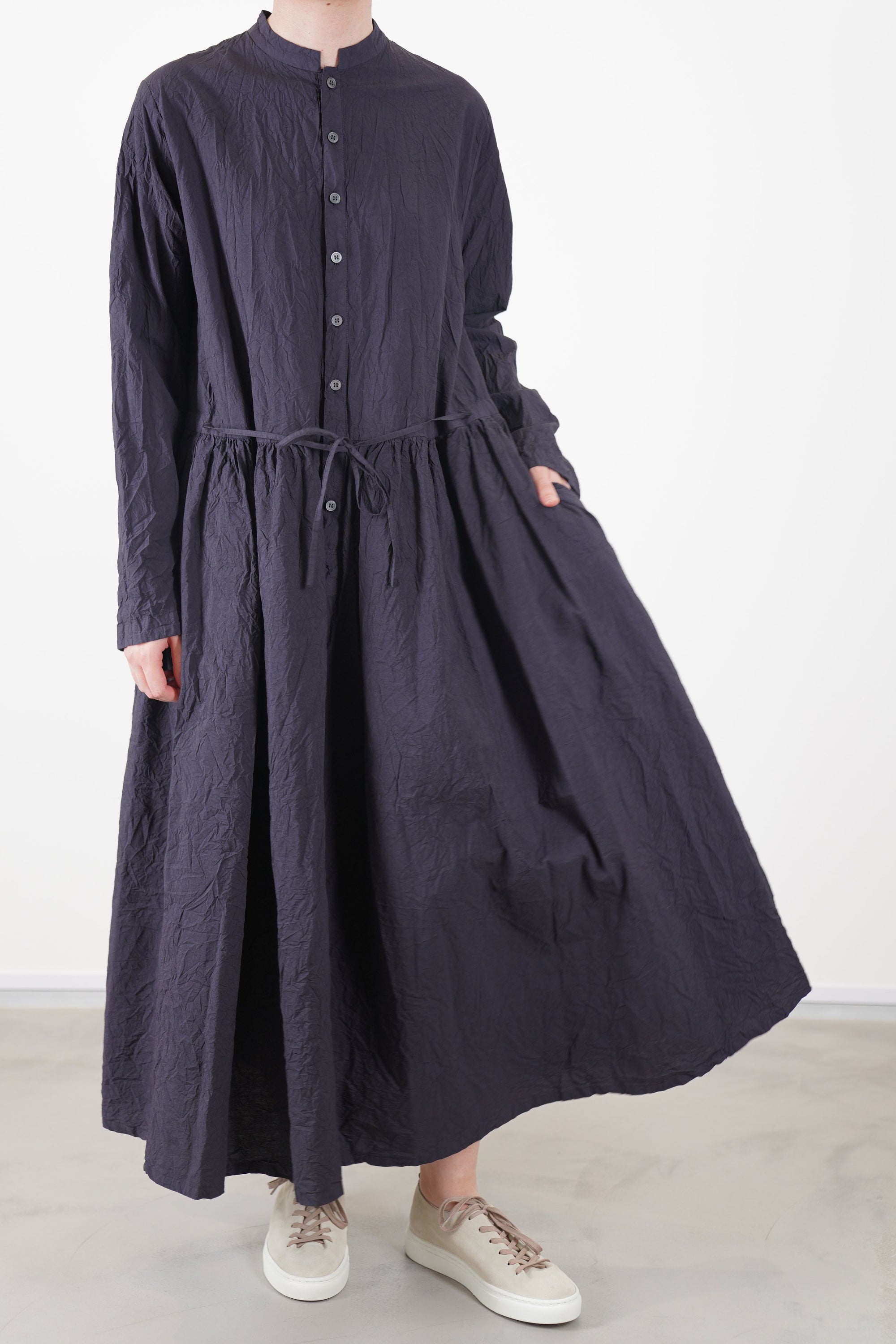 pas de calais cotton typewriter dress charcoal featuring a band collar, half pannel button front opening, long slim sleeves and pocket details