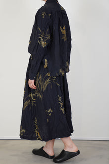 back view of pas de calais japonism flower print shirt navy with matching skirt design