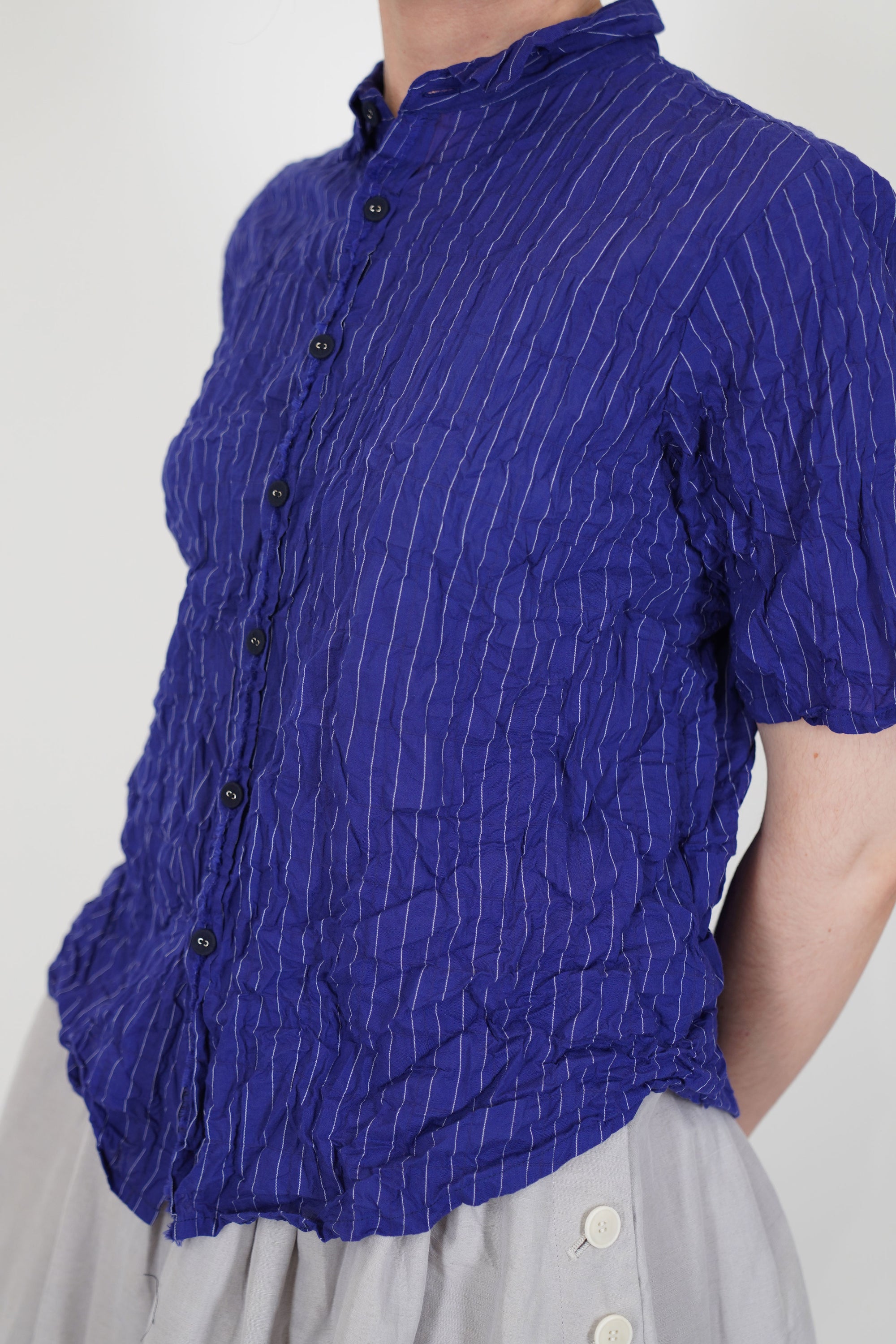 shirring stripe blouse navy