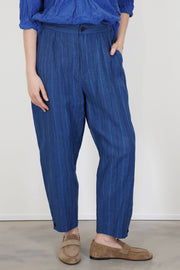 front view of pas de calais striped cropped pants linen indigo relaxed style