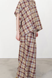 side view of sofie d'hoore shirt basker check toffee generous proportions and light drape