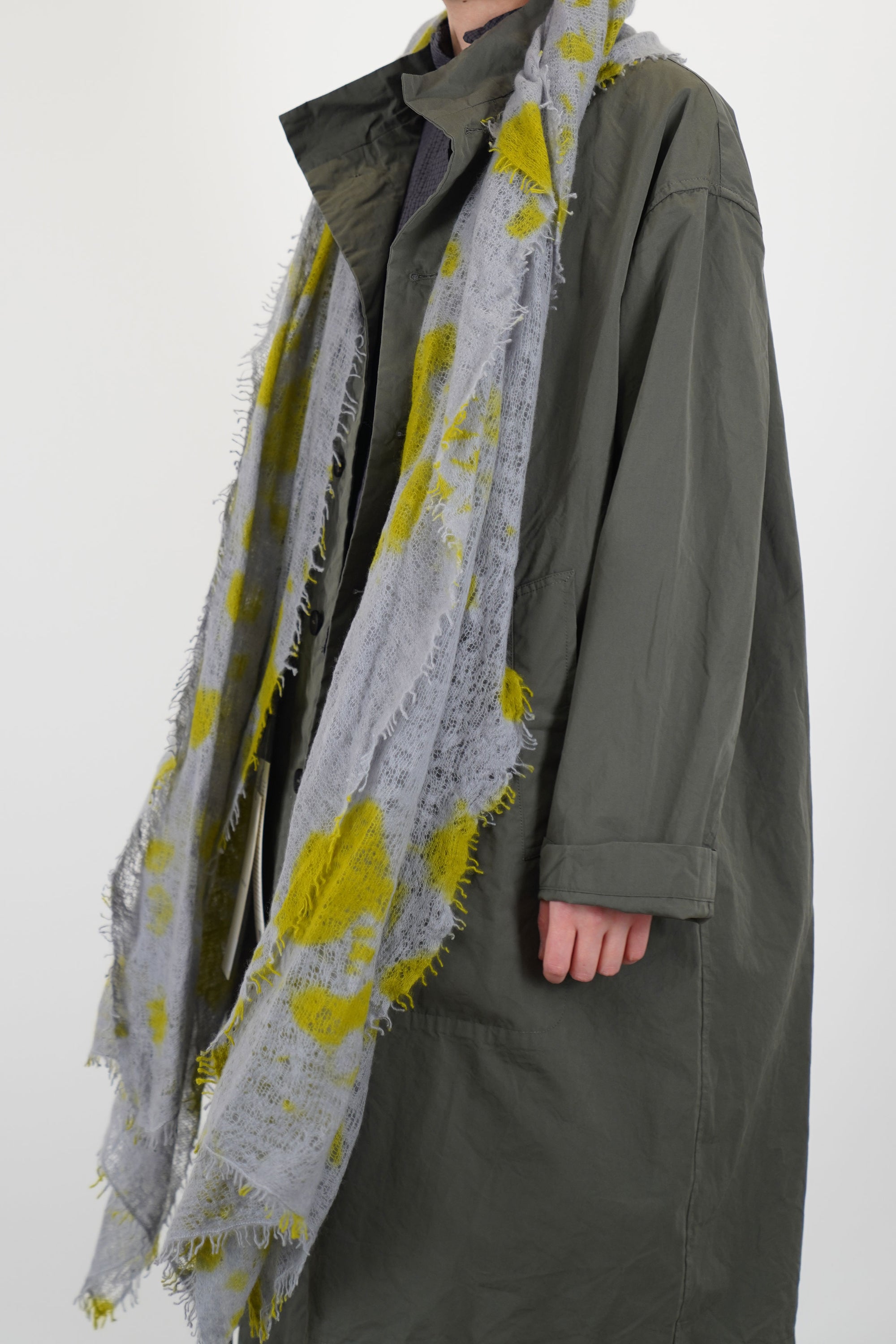 cashemere shawl fringed olive light grey