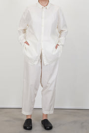 toogood draughtsman shirt poplin yoghurt  worn with matching trouserss for a structural and refnied silhouette