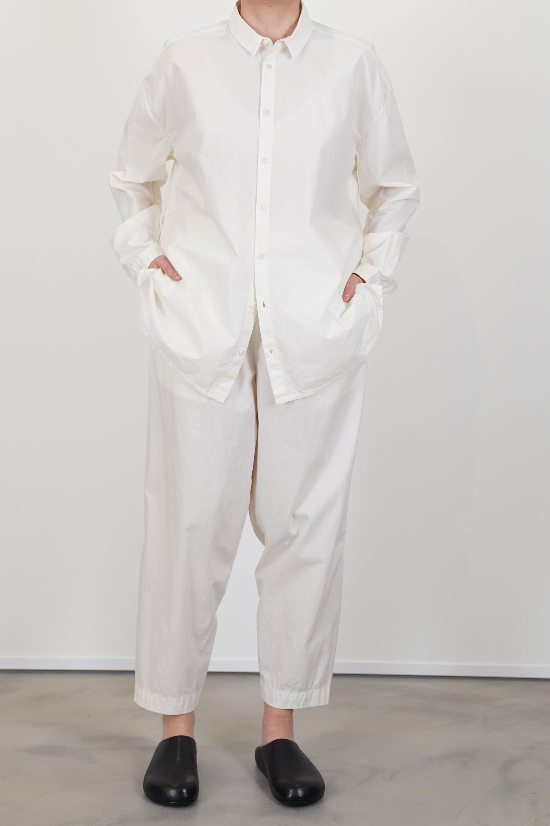 toogood draughtsman shirt poplin yoghurt  worn with matching trouserss for a structural and refnied silhouette