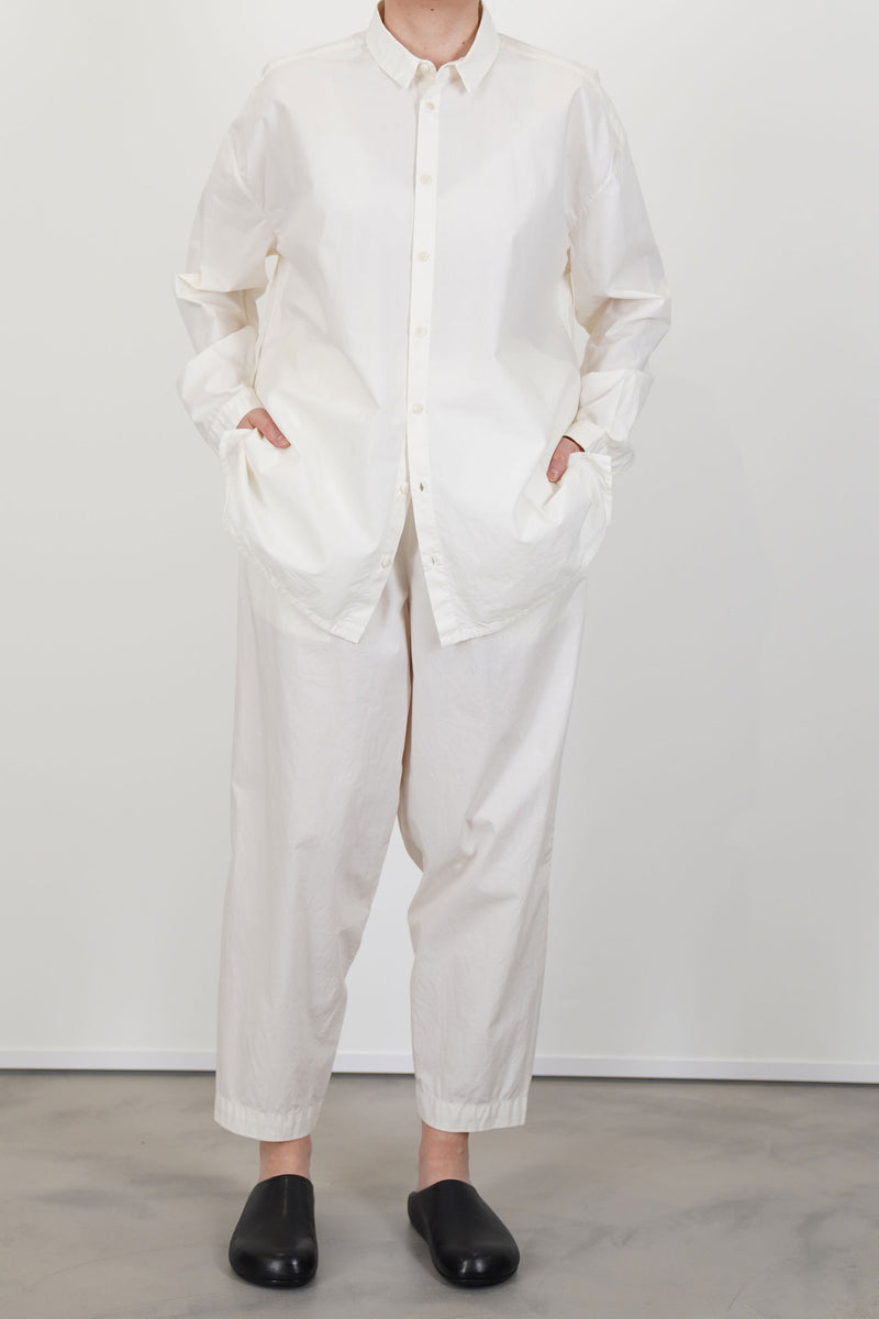 toogood draughtsman shirt poplin yoghurt  worn with matching trouserss for a structural and refnied silhouette