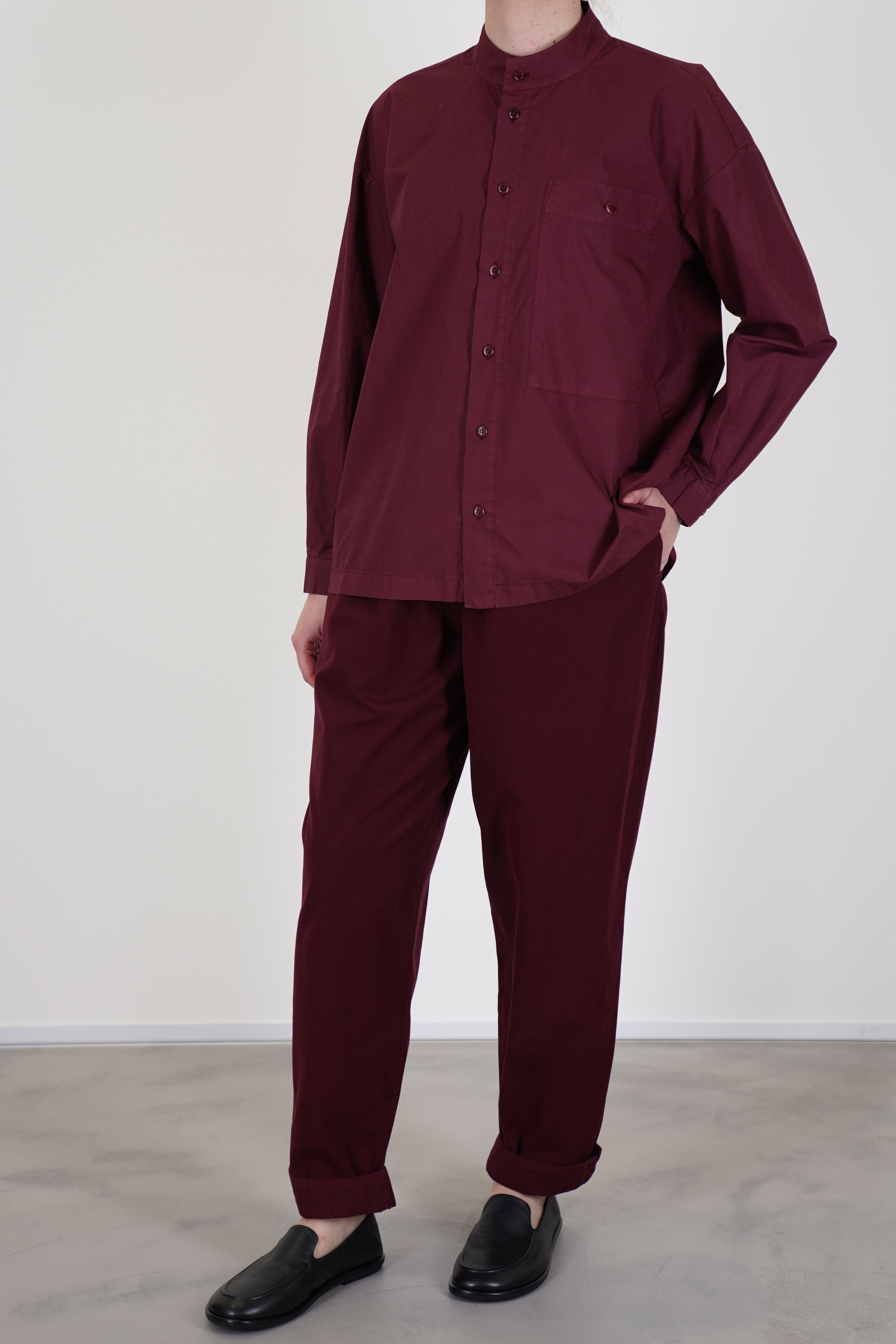 Unisex Toogood Physician Shirt in Port – Lightweight Poplin Cotton with Band Collar, Button Front, and Chest Pocket