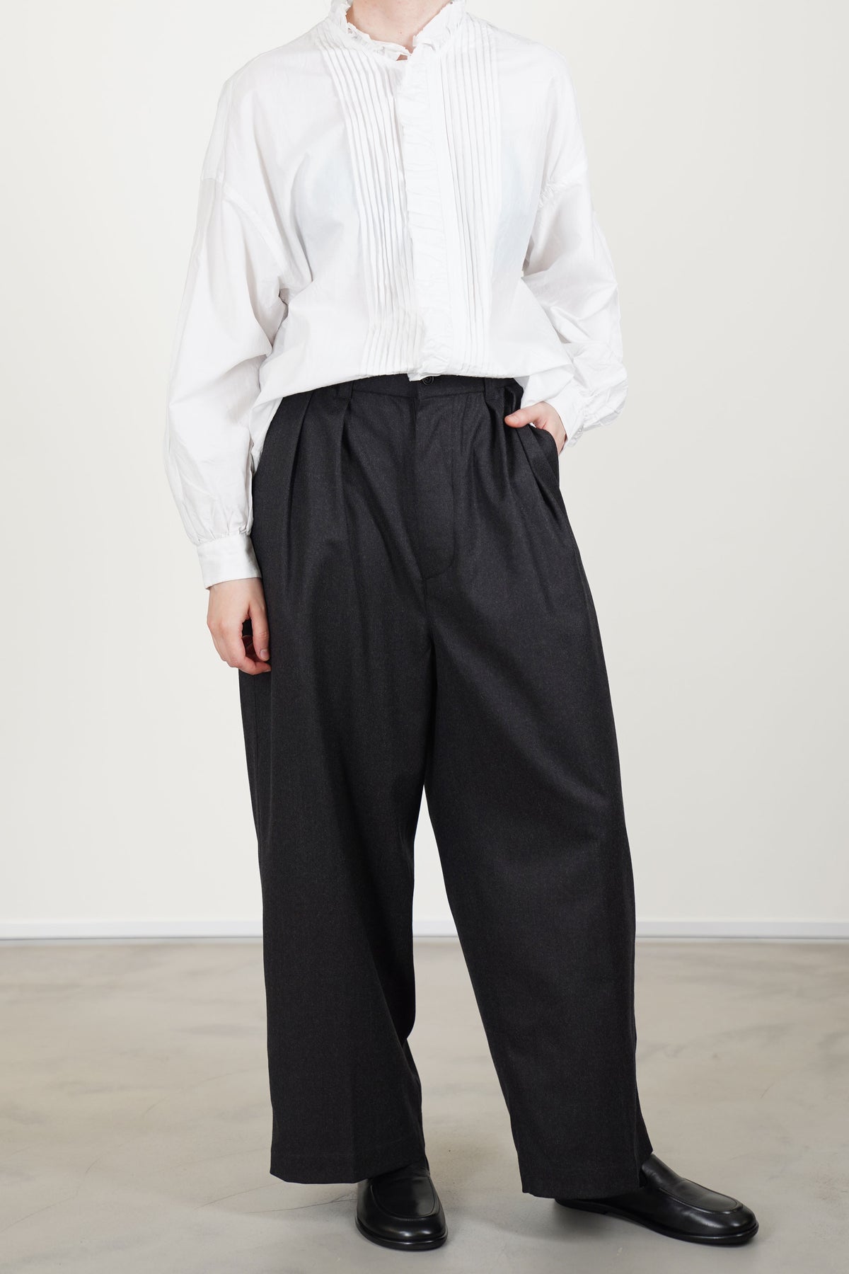 pin tuck ruffle shirt cotton silk smoke white