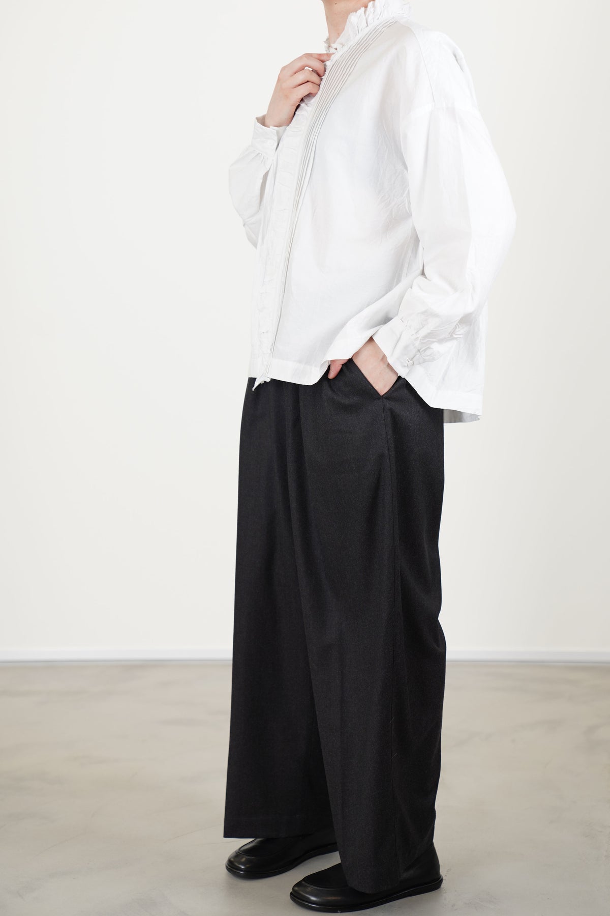 pin tuck ruffle shirt cotton silk smoke white