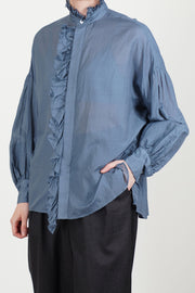 band collar ruffle shirt grayish indigo blue