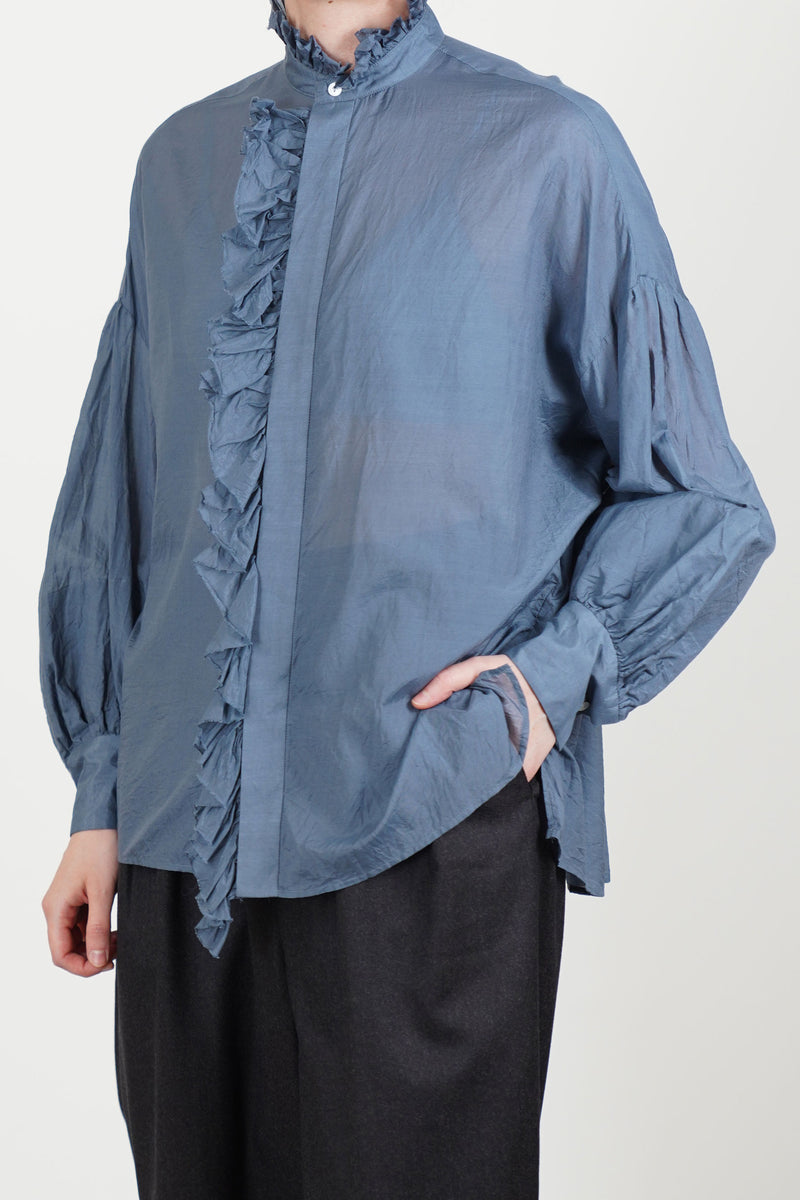 band collar ruffle shirt grayish indigo blue