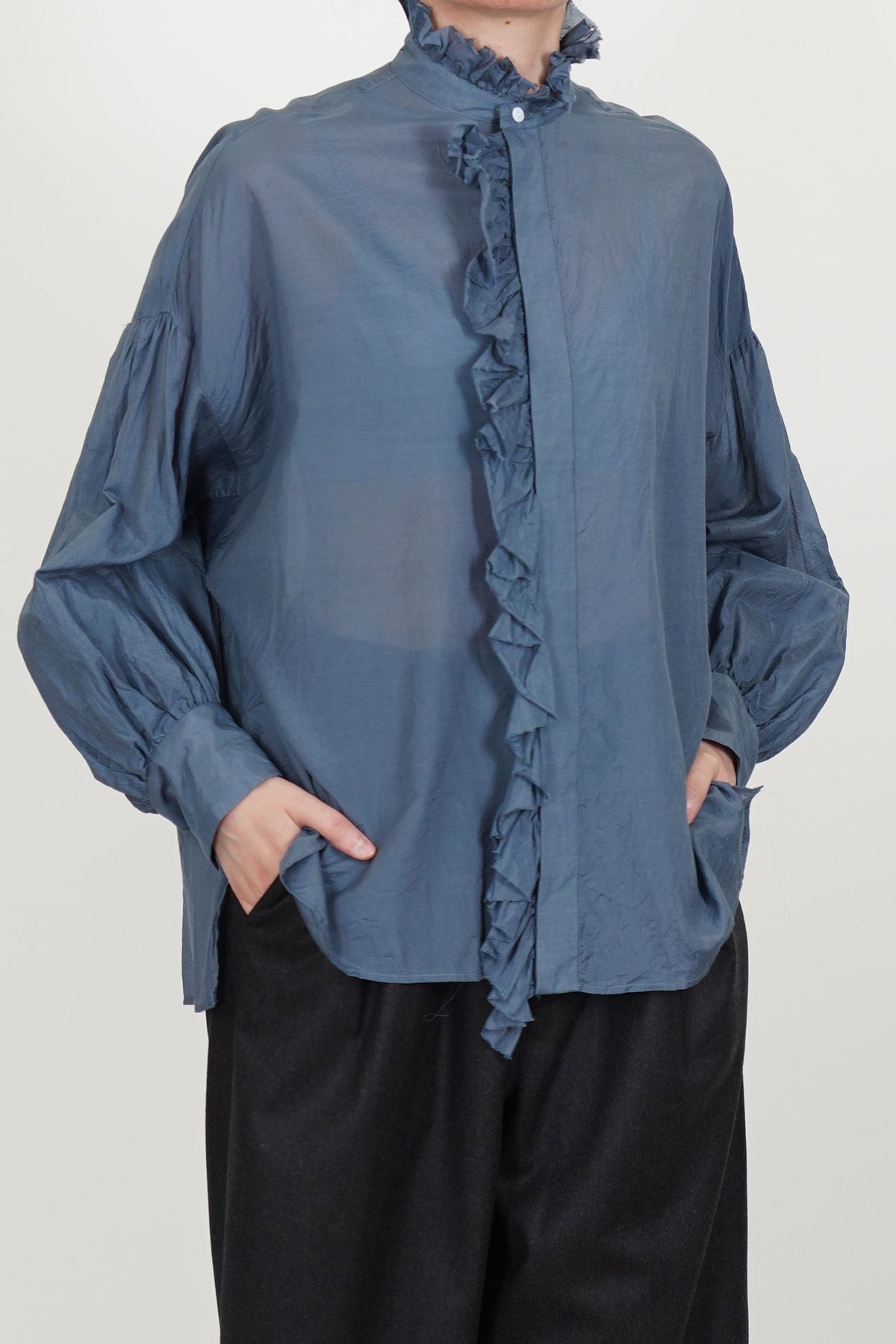 band collar ruffle shirt grayish indigo blue