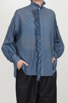 band collar ruffle shirt grayish indigo blue