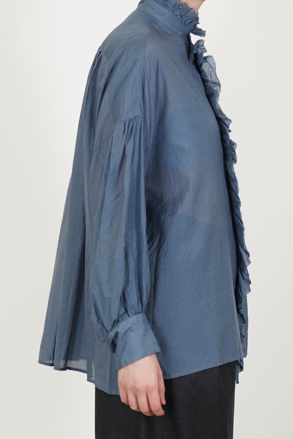band collar ruffle shirt grayish indigo blue