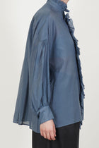 band collar ruffle shirt grayish indigo blue