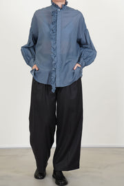 band collar ruffle shirt grayish indigo blue