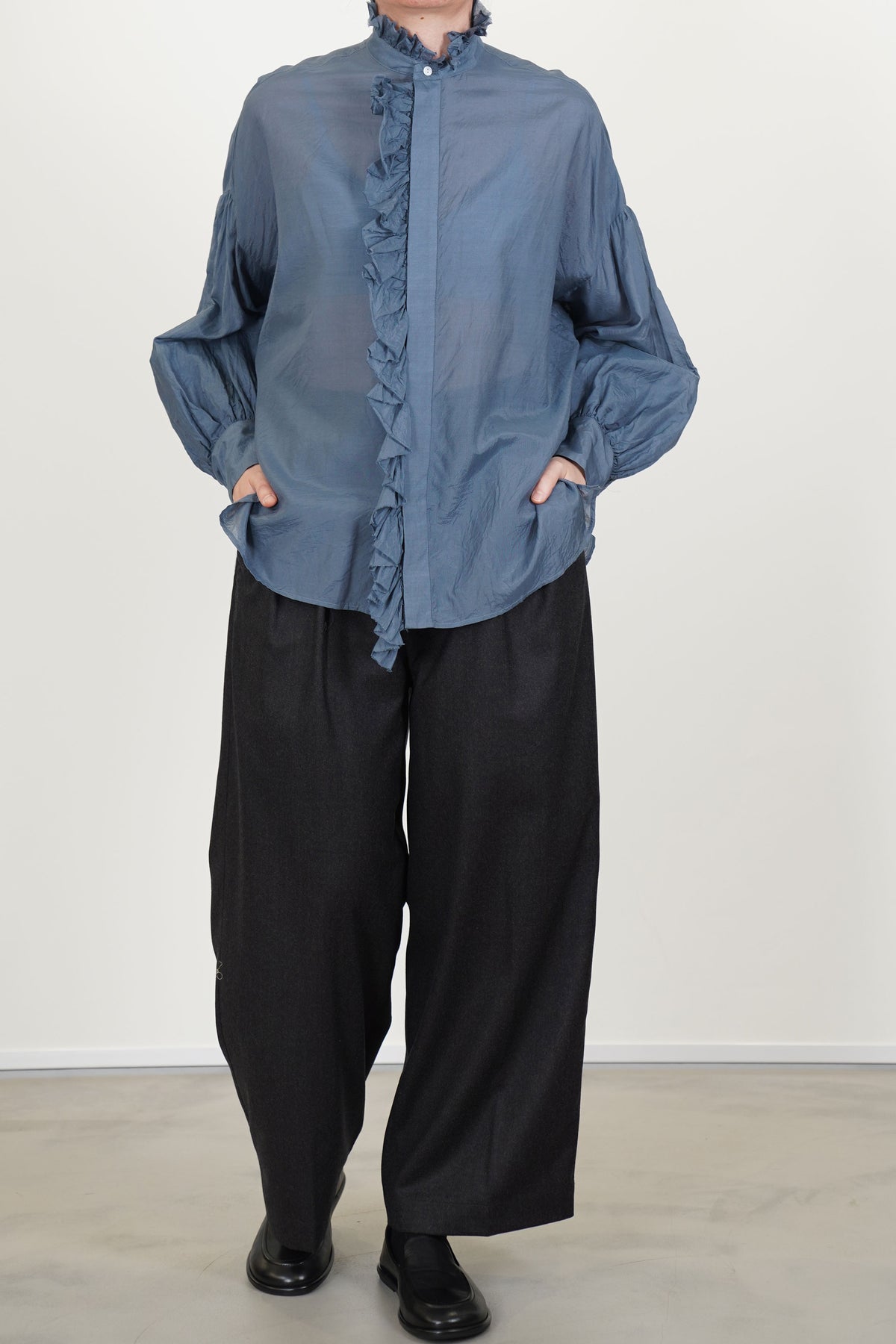 band collar ruffle shirt grayish indigo blue