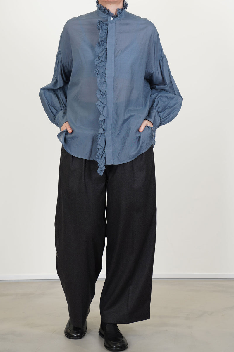 band collar ruffle shirt grayish indigo blue