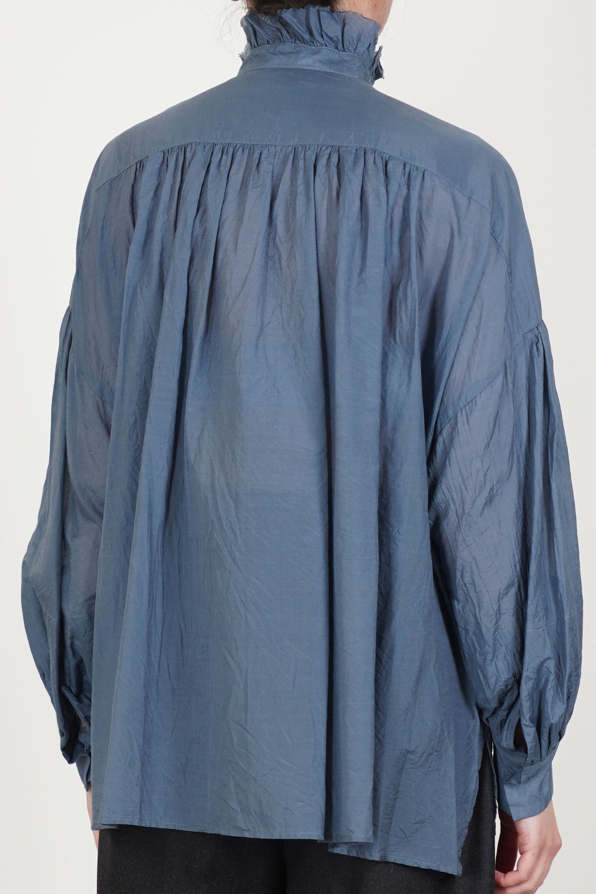 band collar ruffle shirt grayish indigo blue