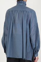 band collar ruffle shirt grayish indigo blue