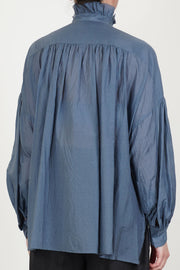 band collar ruffle shirt grayish indigo blue