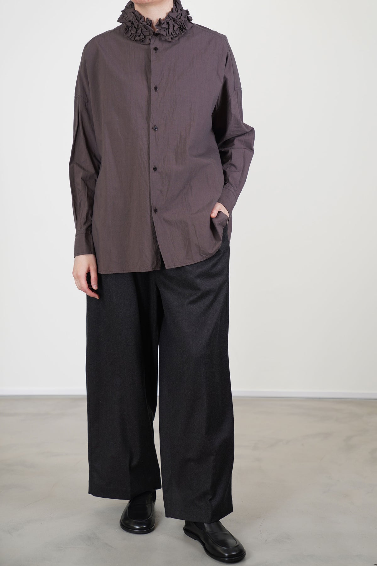 neck ruffle shirt cotton bitter brown