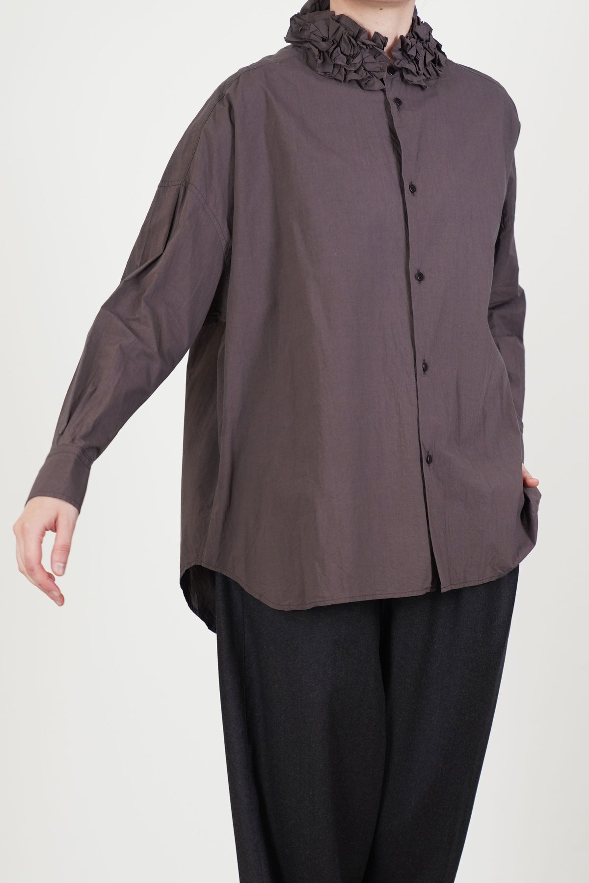 neck ruffle shirt cotton bitter brown