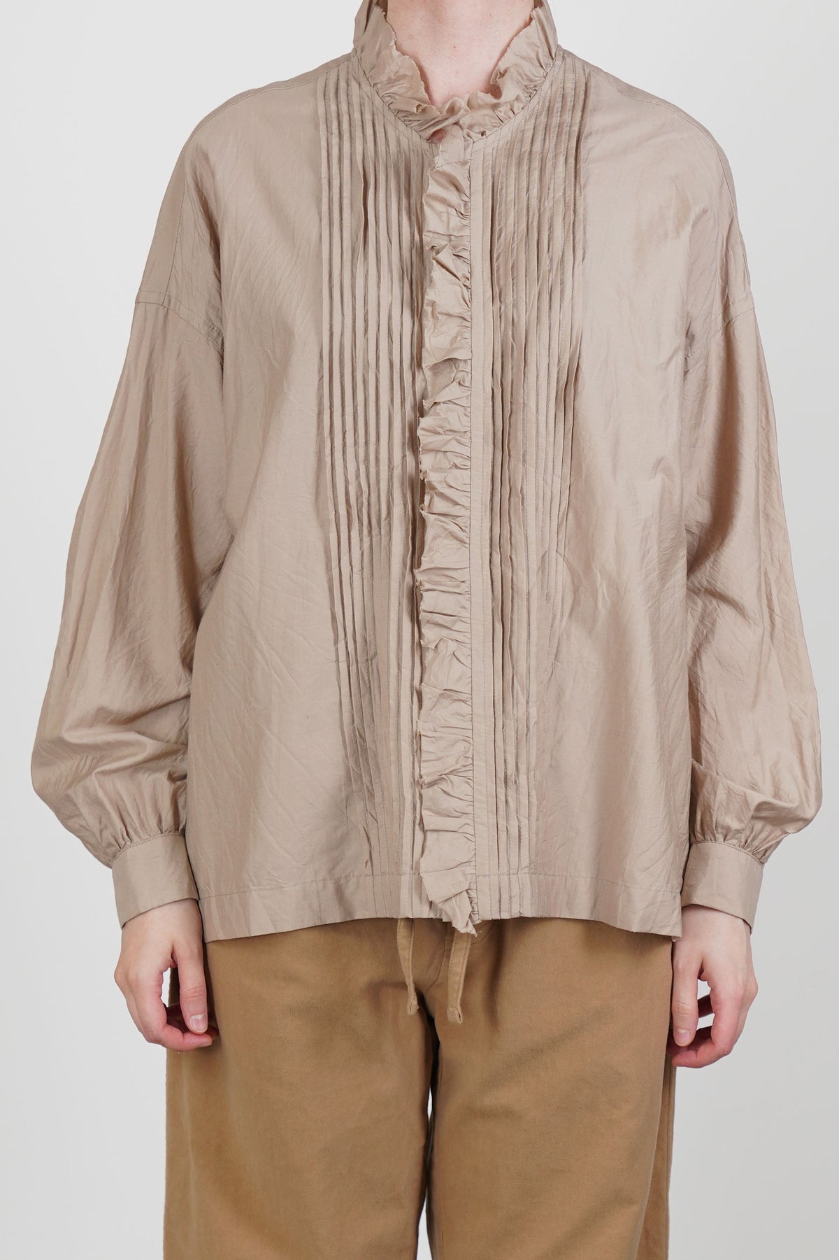 pin tuck ruffle shirt cotton silk cappuccino