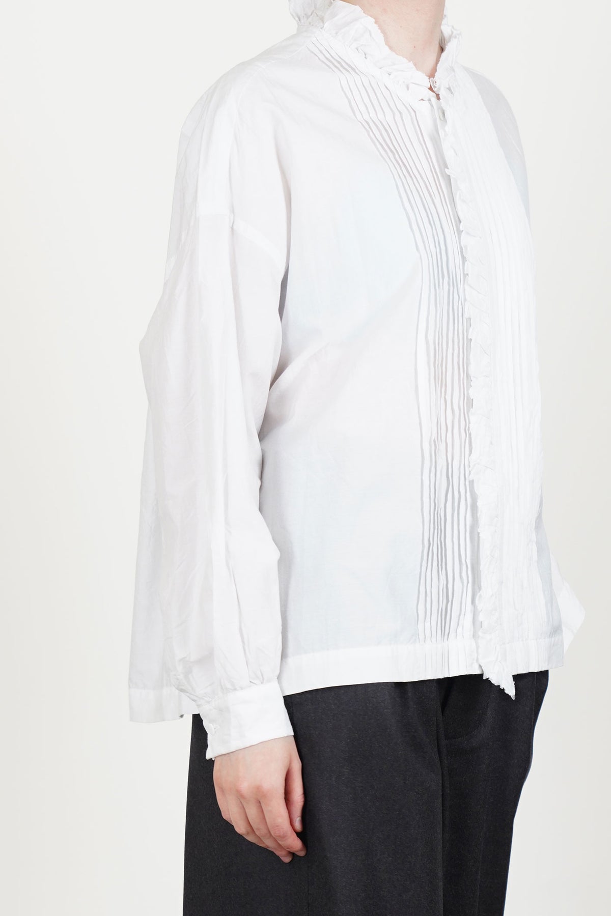 pin tuck ruffle shirt cotton silk smoke white