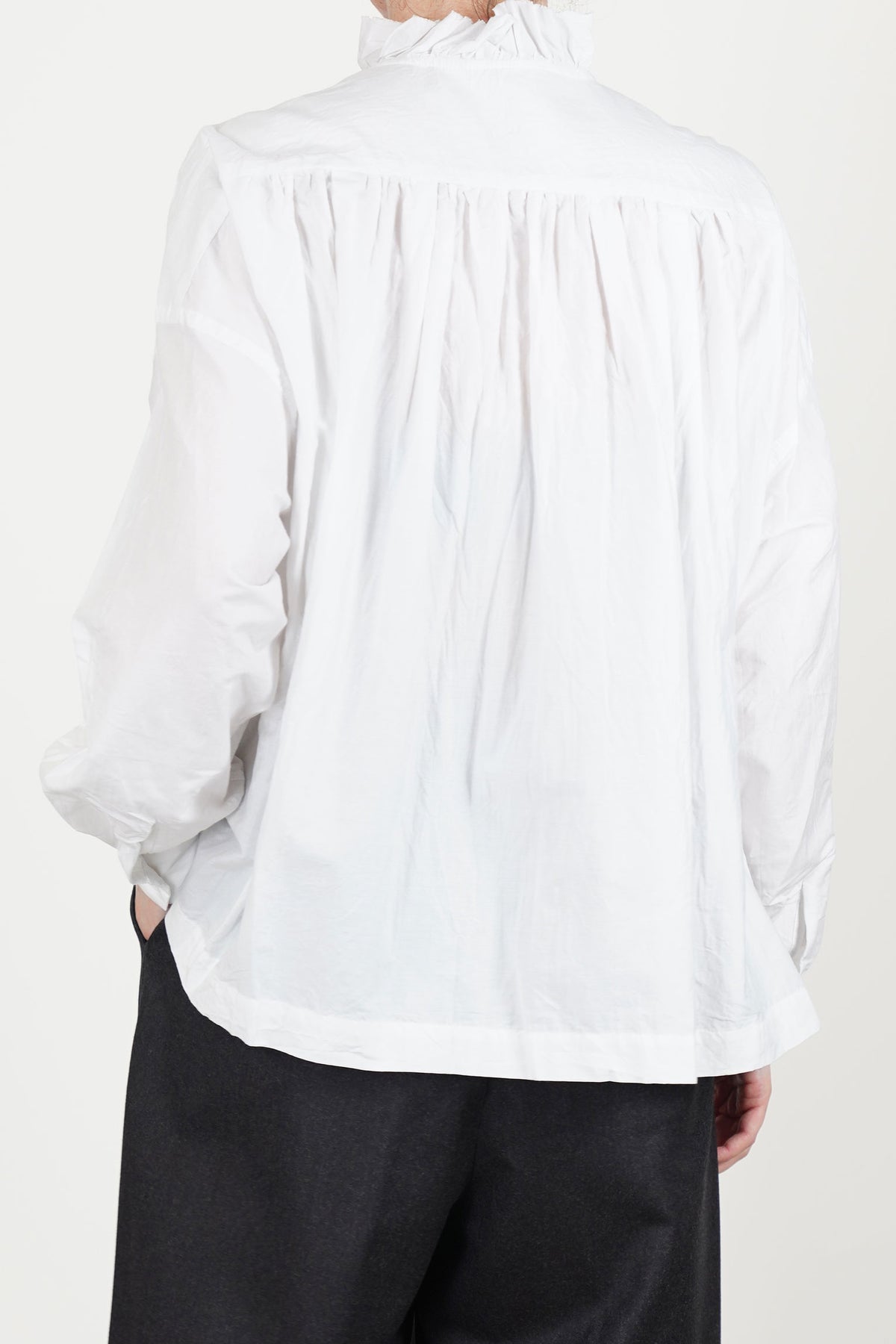 pin tuck ruffle shirt cotton silk smoke white