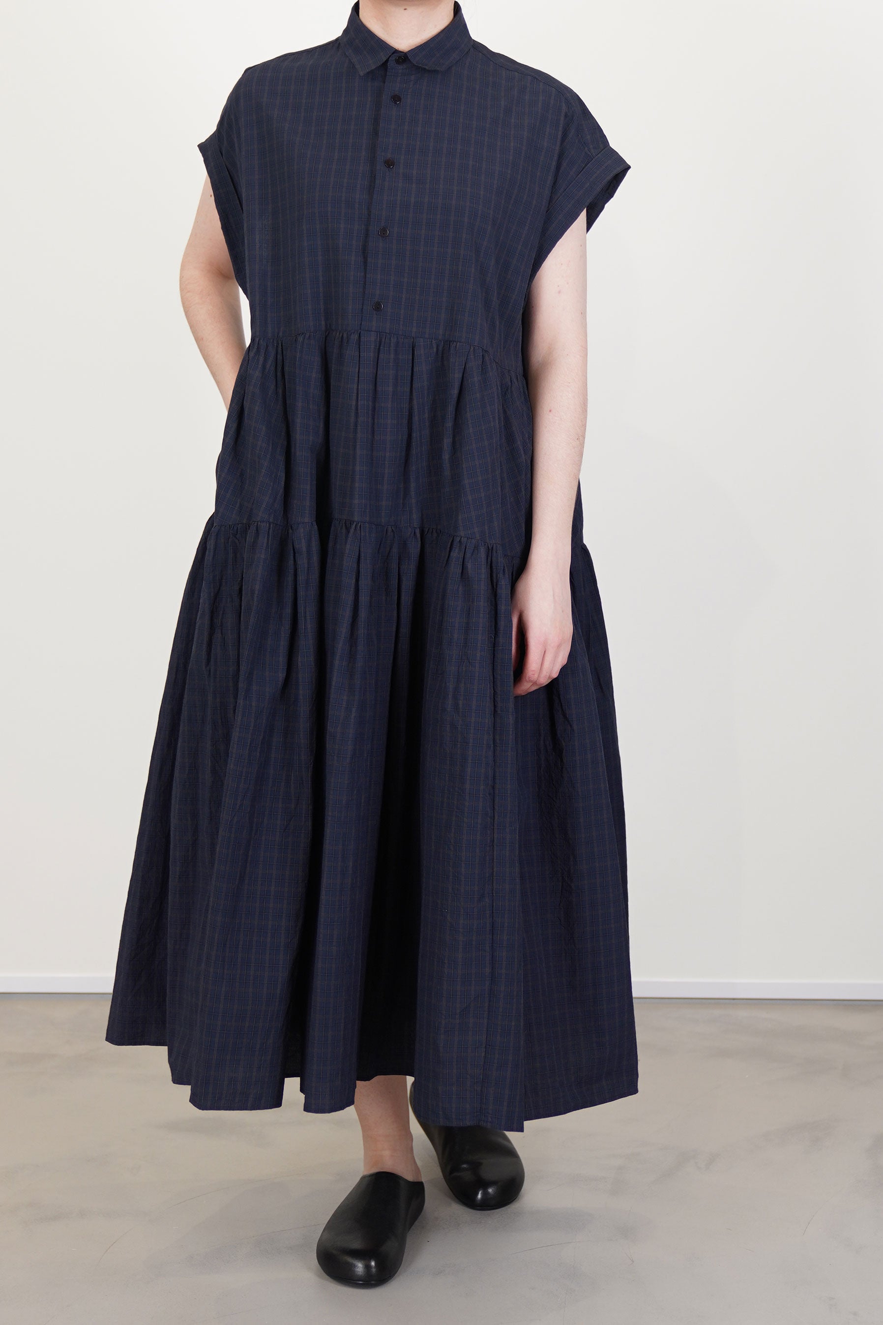tiered shirt dress navy check