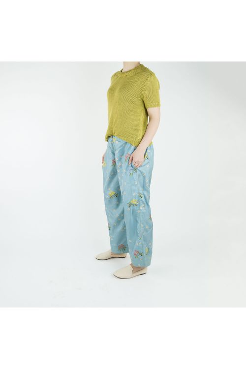 Silk Trousers Blue with Flower Print by Pero-XS