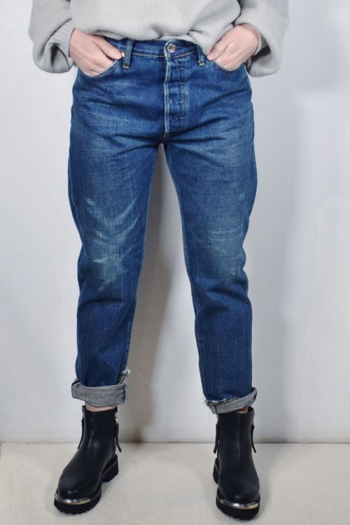 Narrow Tapered Cut Jeans Dark Repair by Chimala