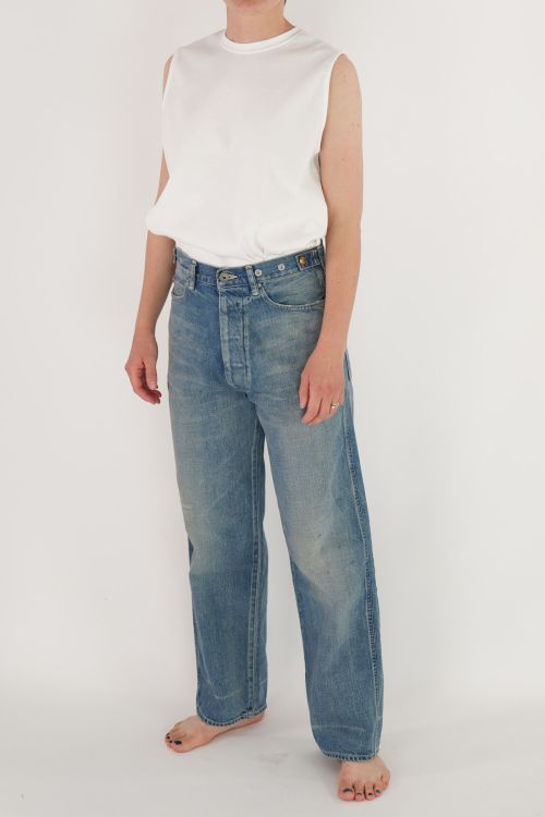 Wide and Deep Rise Waist Jeans Light Wash by Chimala-S