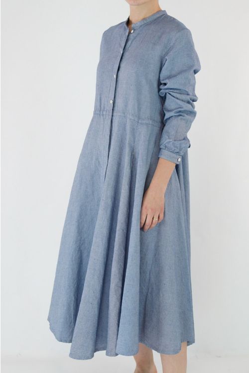 Cotton and Linen Long Shirt Dress Blue by Kaval